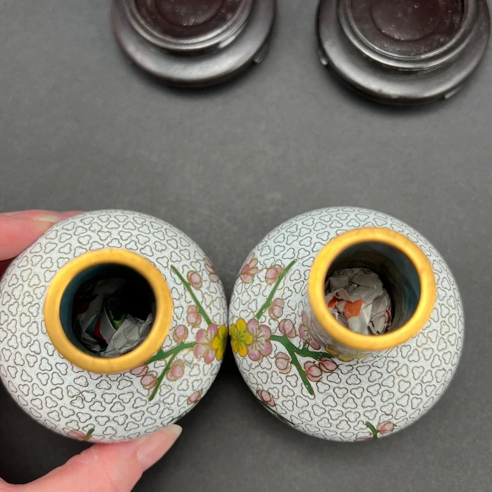 Vintage Cloisonne Vases Cherry Blossom White Pink Yellow Wood Stands Pair 4